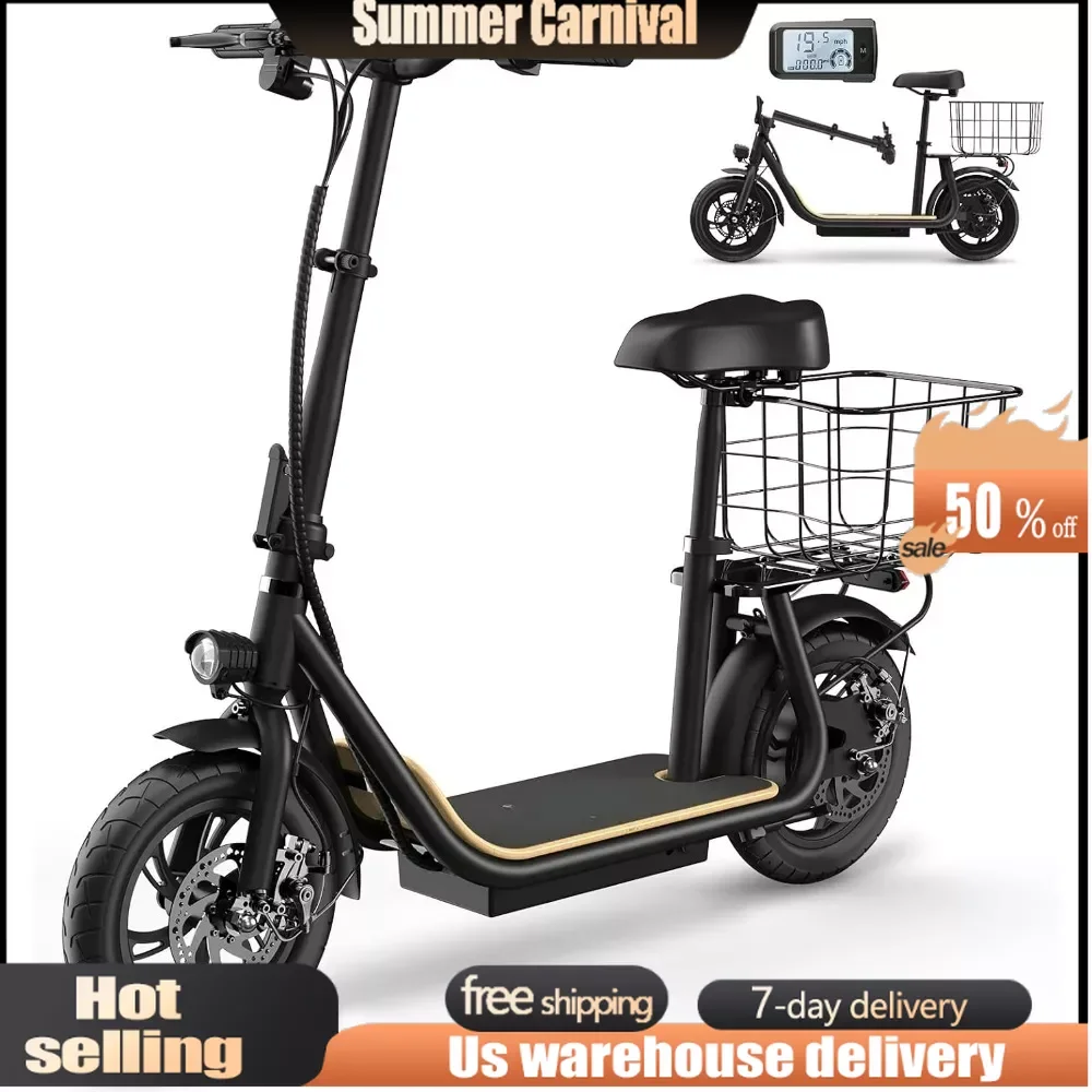 

Scooter 36V Battery, 12" Tire, 450W Electric Scooter with Seat, Shock Absorbing Seat, Foldable Electric Scooters for Adults