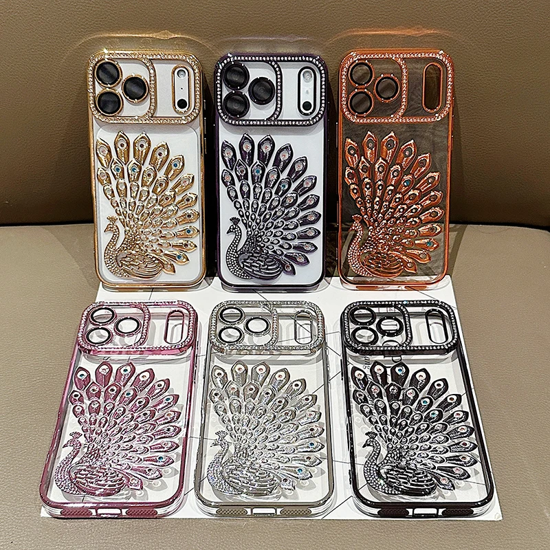 Luxury Solid Color Plating Peacock Shockproof Phone Case with Bumper Back Cover