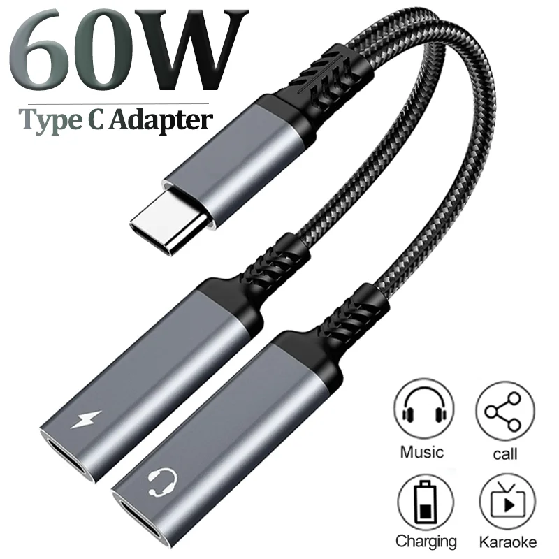 

OTG 2 IN 1 USB C Splitter to Dual Type USB C Headphone Jack Audio Adapter PD 60W Fast Charger for Samsung Huawei iPhone15 Xiaomi