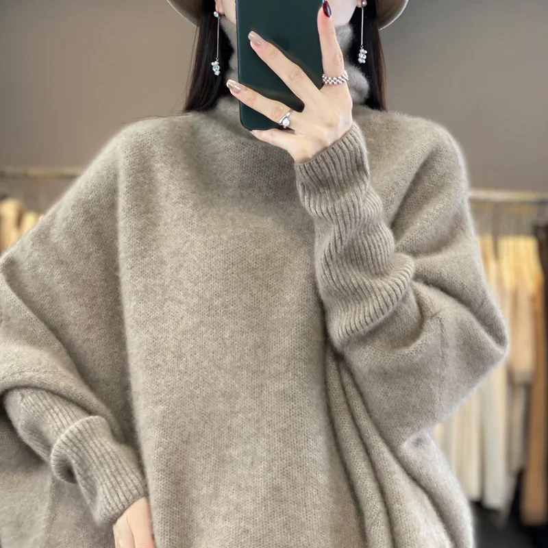 

High end Fashion 100% Pure Woolen Sweater Women's High Neck Loose Lazy Sweater Autumn and Winter Pullover Knitted Batshirt