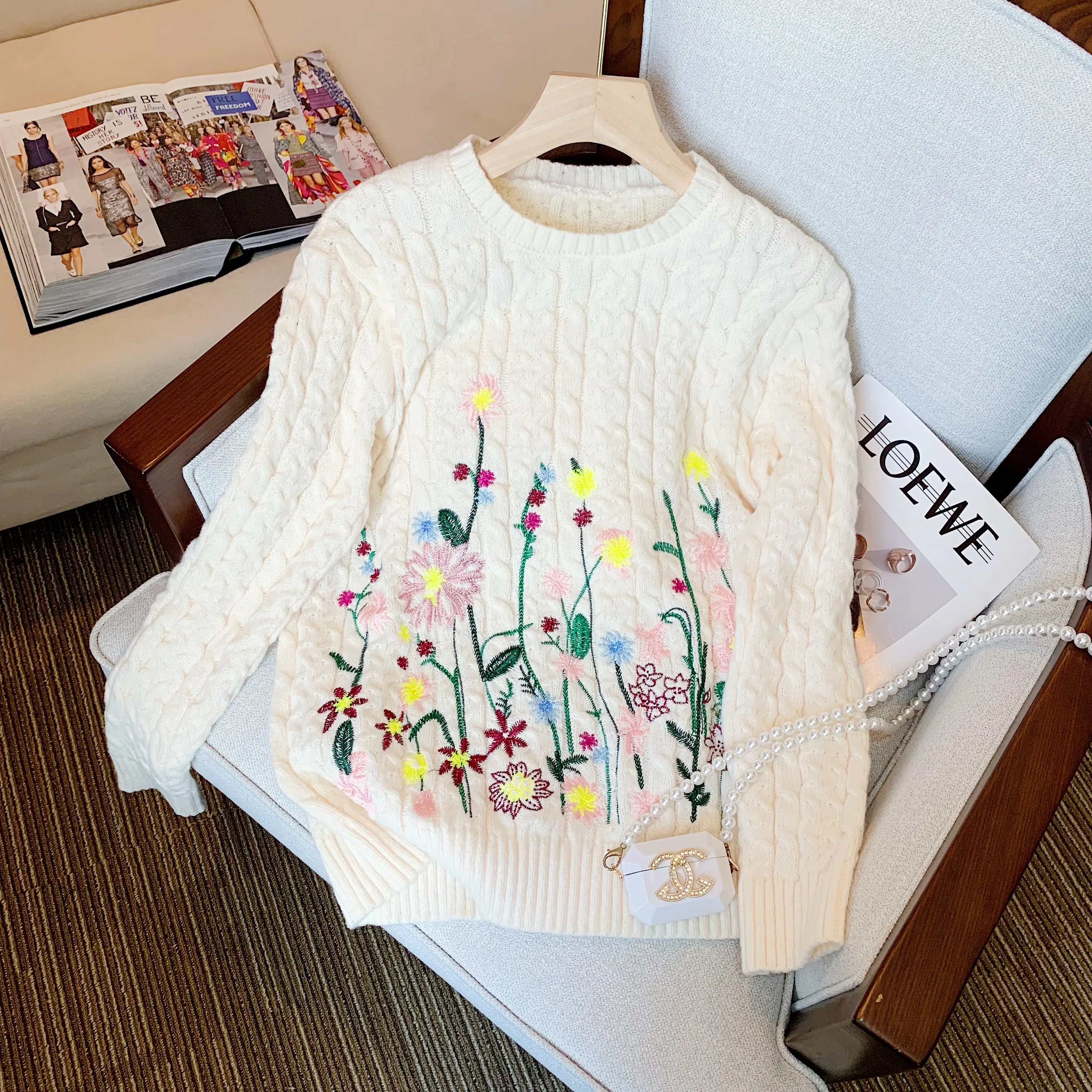 Embroidery Flower Pullover Sweater Women's 2023 Autumn O-Neck Twist Loose  Long-sleeved Top Knitted Sweaters Jumper Pull Femme - AliExpress