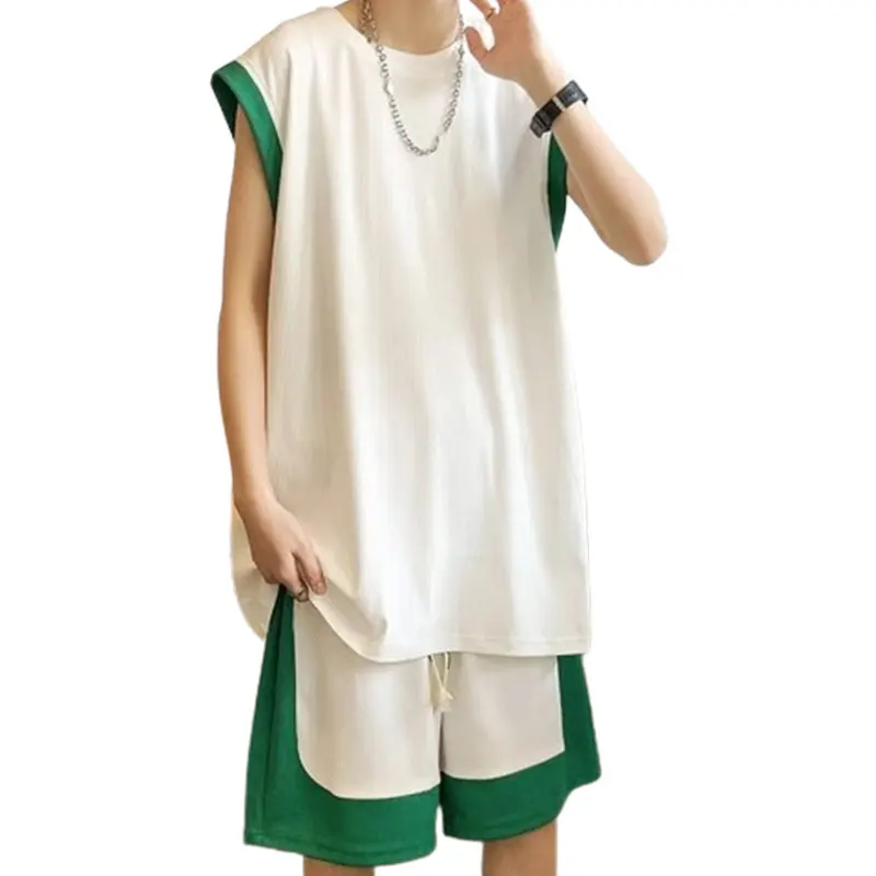Elegant Fashion Harajuku Slim Fit Ropa Hombre Sets Loose Casual All Match Sport Shorts O Neck Sleeveless Vest Two Piece Set