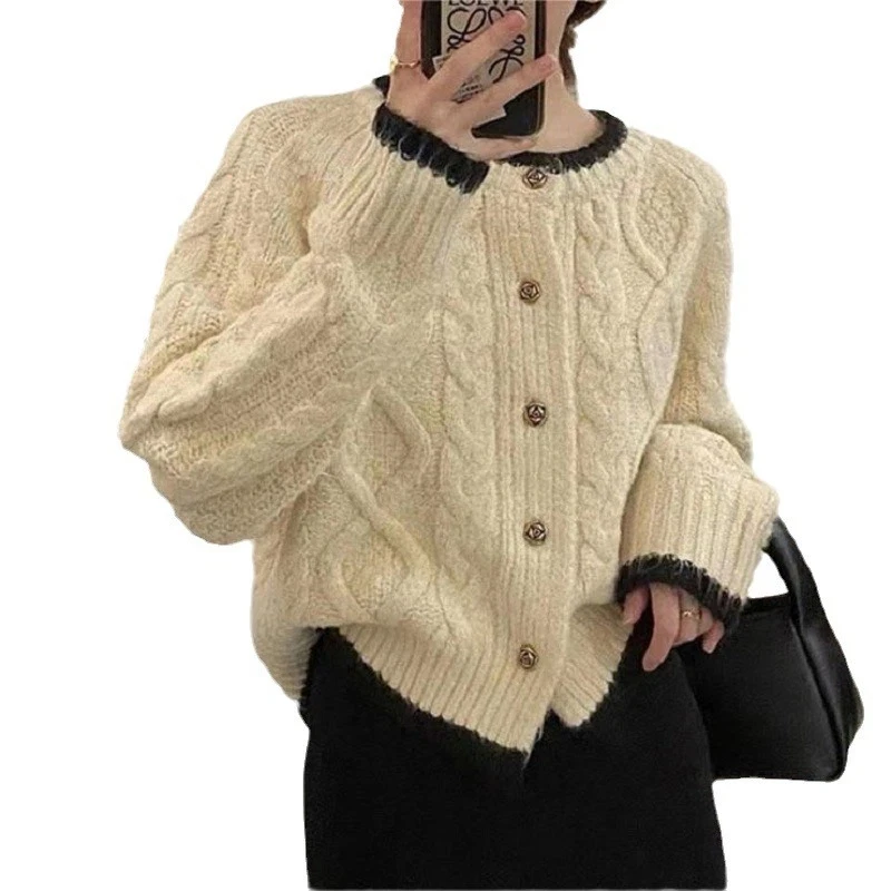 New Autumn and Winter O Neck Women's Cardigan Sweater Fashion Elegant Diamond Pattern Knitted Solid Color Single-breasted Coat