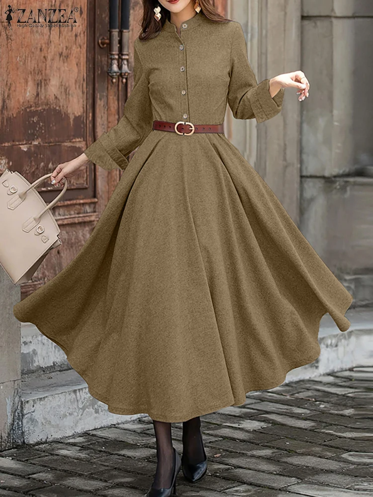 فستان خريفي نسائي برقبة واقفة فستان صيفي بأكمام طويلة 2025 ZANZEA رداء فضفاض غير رسمي بلون سادة فساتين مكتب أنيقة