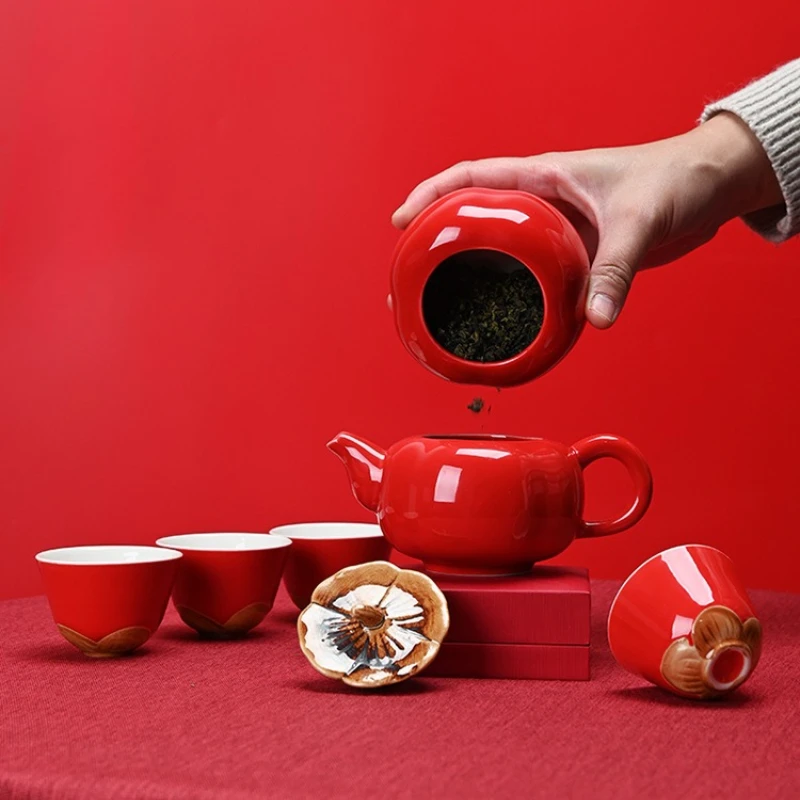 Lucky Persimmon RedTeaSet GiftBox - Chinese Festive Ceramic Tea Ware for Clients Business Gifts & Home DecorationElegant Present