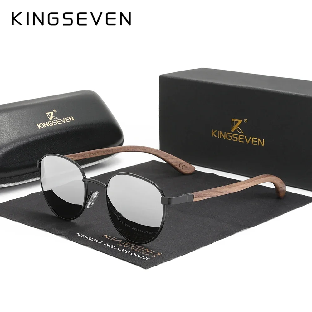 KINGSEVEN 패션 수제 블랙 월넛 우드 선글라스, 편광 미러 렌즈, 남성 UV400 운전
