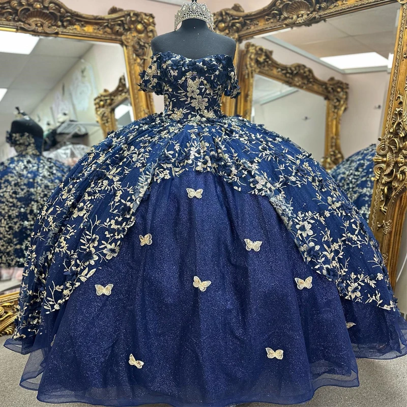 

Navy Blue Quinceanera Dresses Ball Gown Applique Lace Bow Formal Prom Graduation Gowns Sweet 16 Dress vestidos 15 de xv años