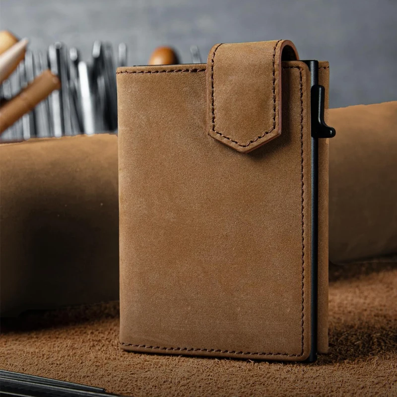 YATBEST Men's Card Bag RFID Anti Theft Brush Anti Magnetic Tape Zipper Change Bag Aluminum Automatic Pop Up Credit Card Clip id credit card holder