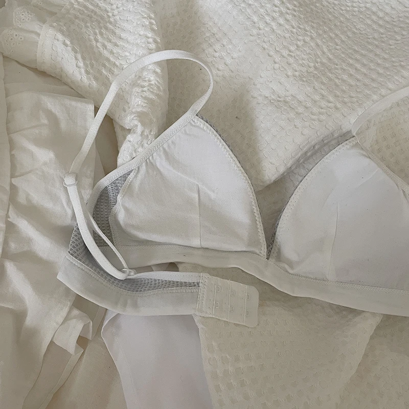 Japanese simple solid color bralette summer thin thin straps small chest lingerie gathered bra girl triangle cup underwear