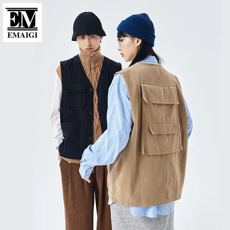 

Men Multi-pocket Loose Cargo Vest Sleeveless Jacket Women Man Cityboy Japanese Harajuku Streetwear Fashion Waistcoat Vest Coat