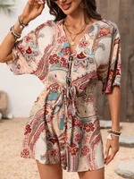 Women's Bohemian holiday style geometric print V-neck wide-leg trousers hidden meat non-bloated jumpsuit - Image 4