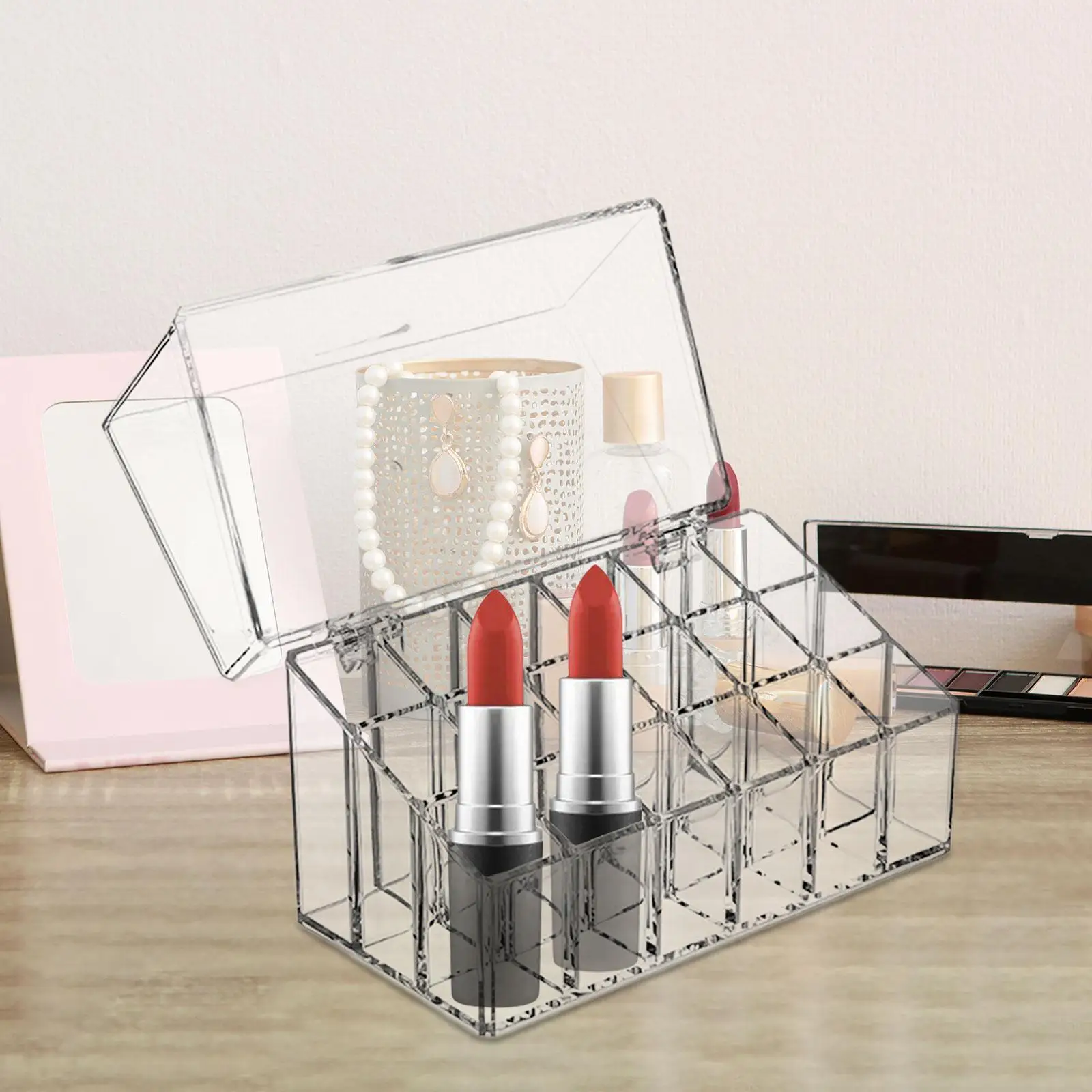 Lipstick Holder 18 Space Clear for Lipstick Storage Display Case Cosmetic Box Lip Gloss with Flip over Lid Make up Organizer 4