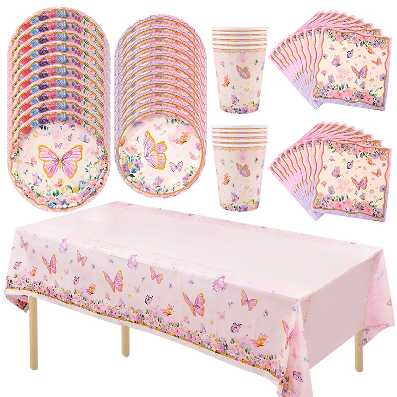 Pink Butterfly Disposable Tableware Set Paper Plates Cup Tablecloth Girls Butterfly Theme Birthday Party Decoration Supplies