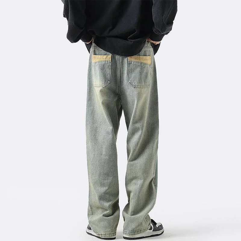 

Yellow Mud Denim Men's Spring American Washed Retro Straight Leg Pants Loose Casual High Street Pants