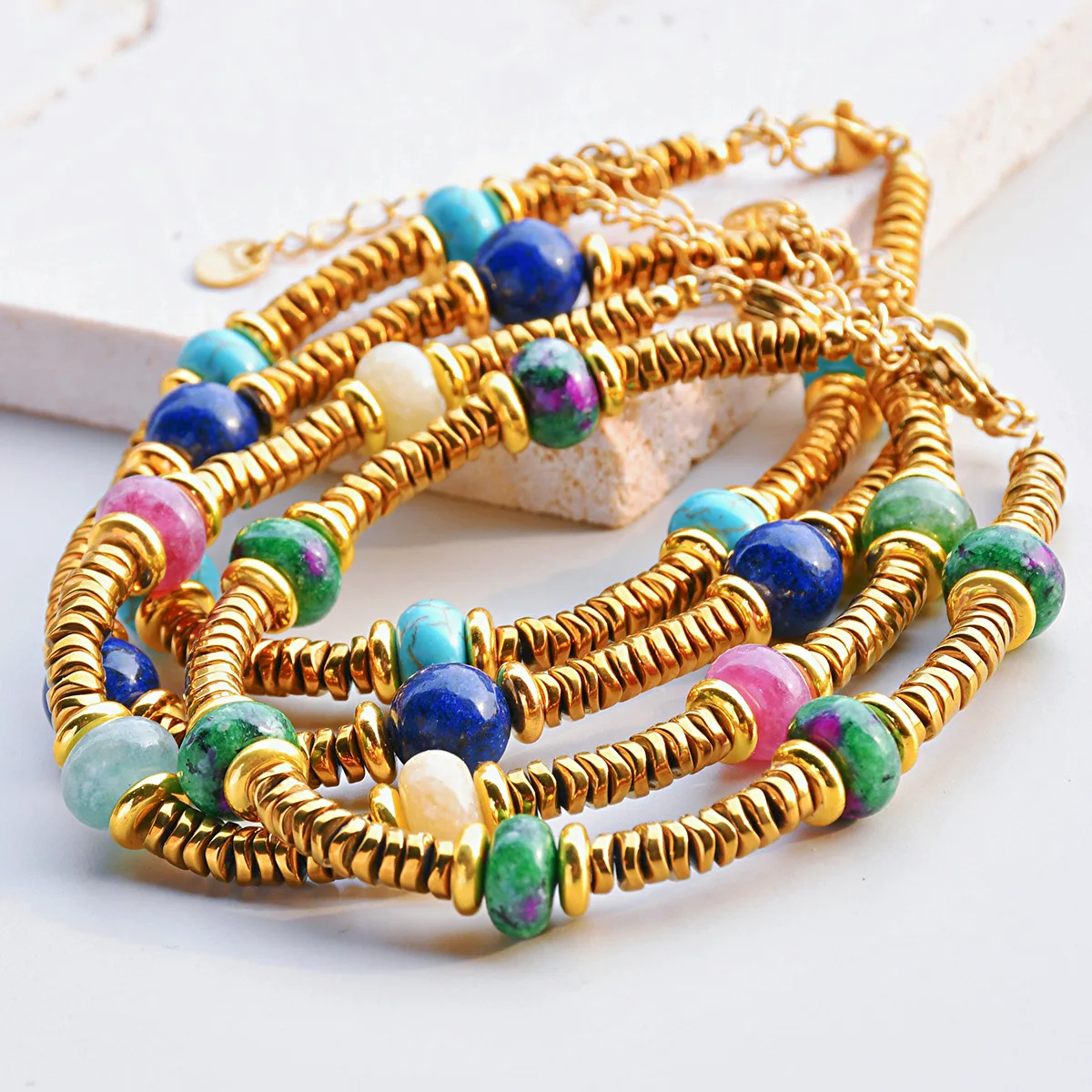 Multicolour Natural Stone Round Bead Handmade Beads Bracelet for Women Waterproof Glass Gold Color Bracelets Party Gift Jewelry
