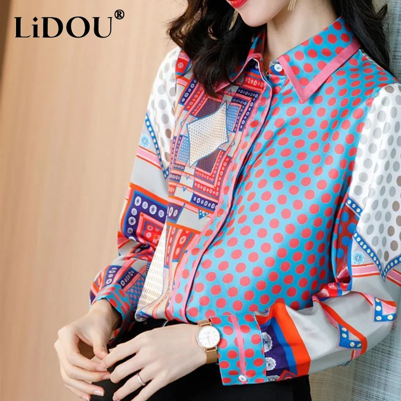 

2023 Spring Autumn New Y2K Polka Dot POLO Collar Long Sleeve Shirt Women Fashion Single Breasted Loose Casual Harajuku Blouse