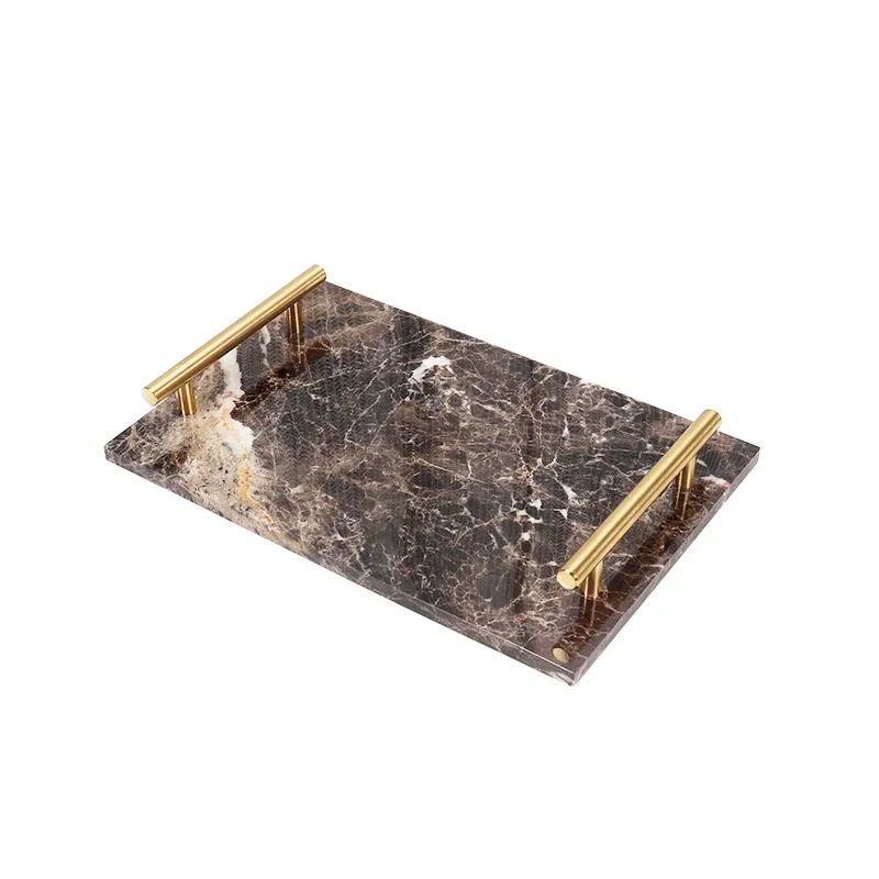 Modern Natural Marble Square Stone Metal Handle Tray Decoration Hotel Bathroom Cosmetics Jewelry Storage Tray 5