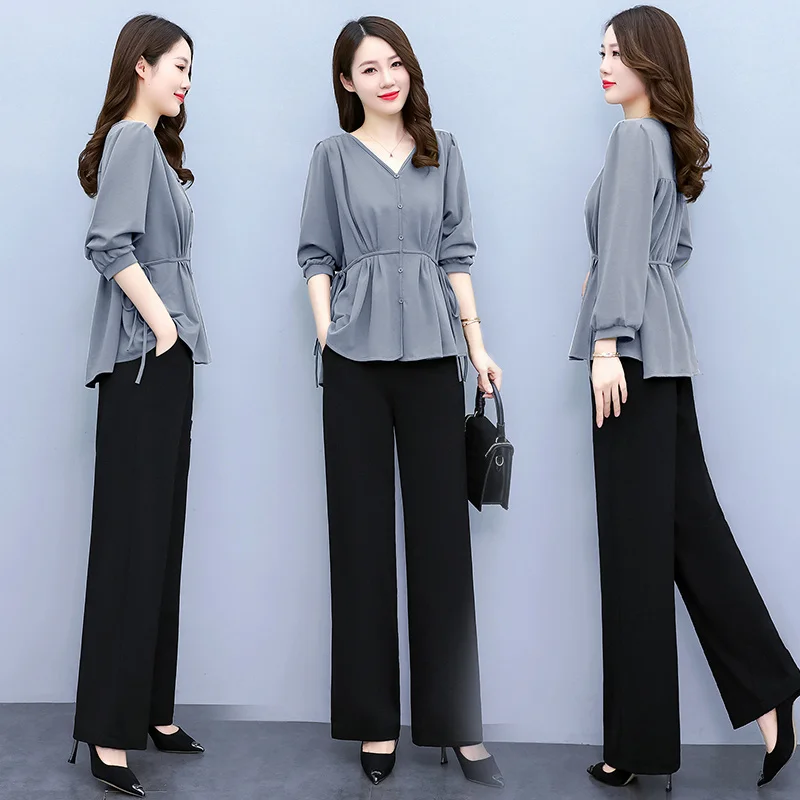 2023 Spring Clothes New Temperament Casual Foreign Style Waist Closed Professional Shirt Two-piece Women's Wide Leg Pants Suit X