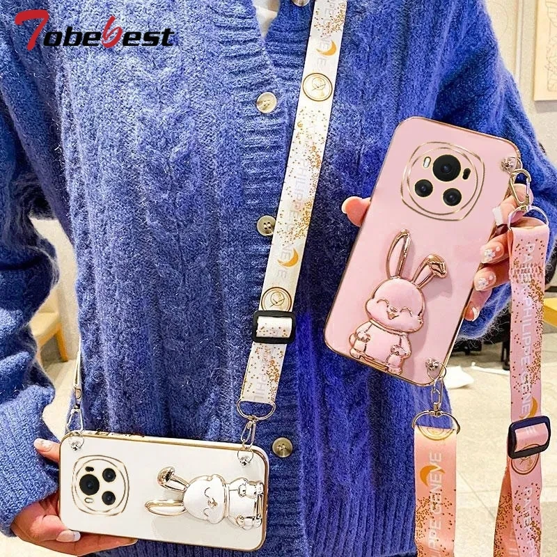 Elegant Crossbody Rabbit Bracket Plating Silicone Case