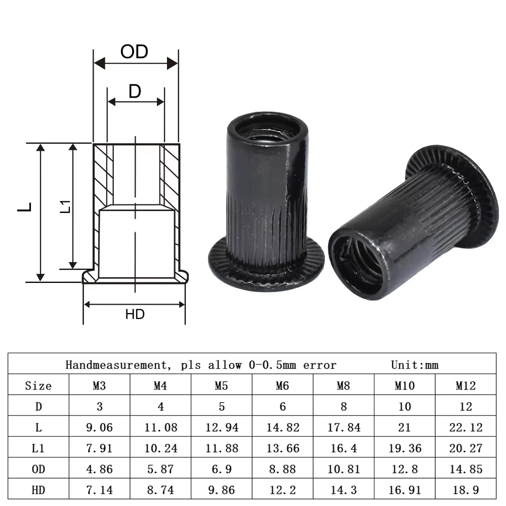 Rivets and Fasteners M3 M4 M5 M6 M8 M10 M12 Flat Rivet Nut Black Carbon Steel Flat Head Threaded Rivet Insert Nutsert Cap 1pcs-50pcs