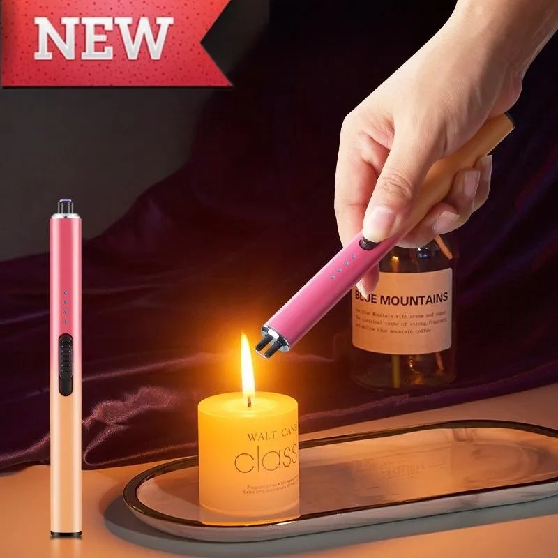 

2023 Hot Creative Windproof Metal Long Straight Pulse Arc type-c Fast Charge Lighter Power display Candle Kitchen Ignition Gun