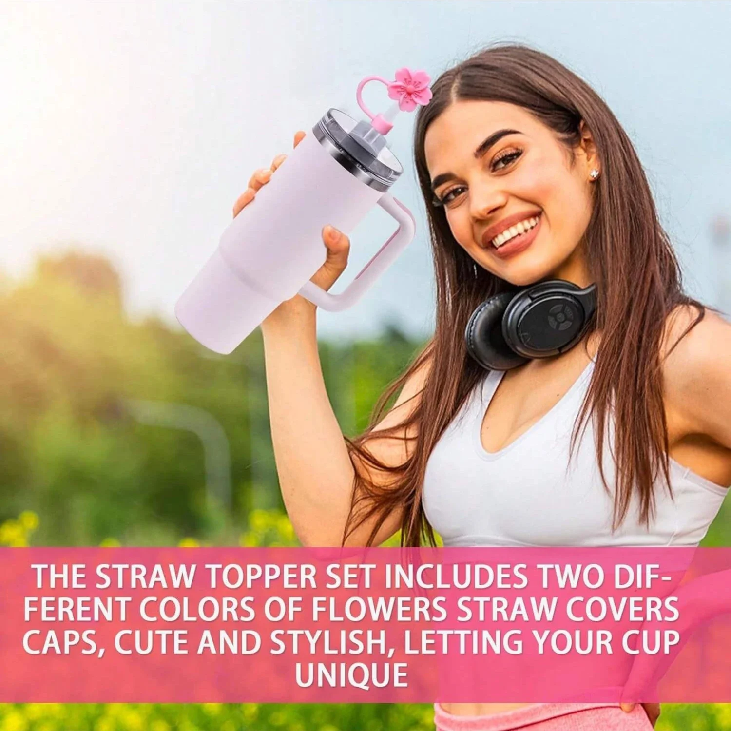 Straw Covers Begonia Flower for Stanley Cup 10mm Silicone Reusable Dust-Proof Topper for Party