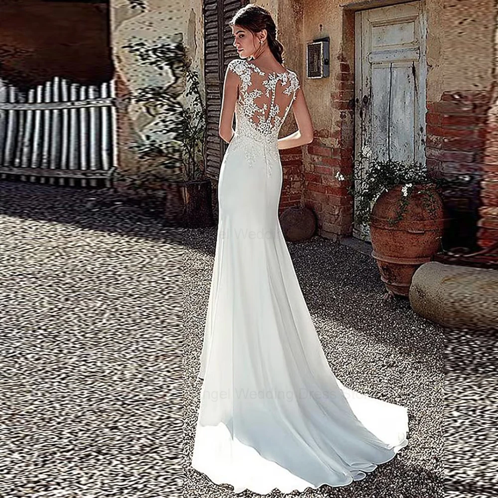 ANGEL Civil Mermaid Wedding Dresses Lace Scoop Neck Vestido Noiva Boho Soft Satin White Bridal Gowns Illusion Appliques Back 2