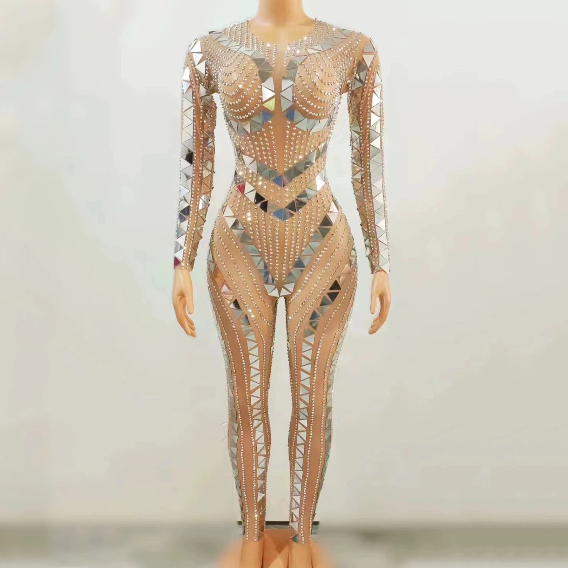 

Sparking Sliver Color Mirror Surface Sequin Sexy See-Through Jumpsuit Nightclub Singer DJ Performance Costume Dancer Vestido