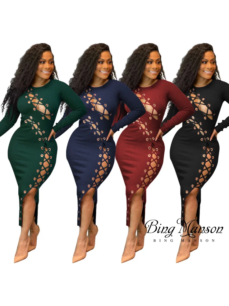 

2023 Women's Autumn Knitted Lace Up Hollow Sexy Fashion Trend Tight Midi Long Dress Sexy Club Ribbed Long Sleeve Dress Y2k