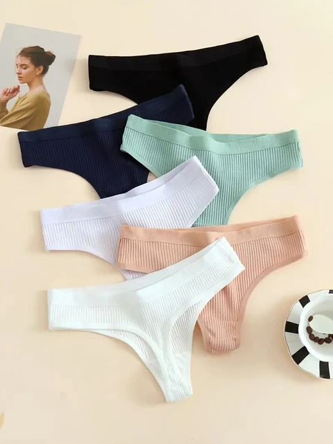 3 Pcs Women's Low Waist Seamless Ladies Ribbed Cotton Thong Simple