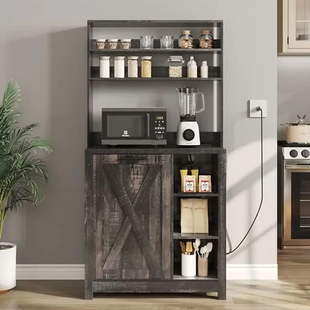 6-Tier Farmhouse Bakers Rack Microwave Stand Cabinet with Power Outlet and Trash Bin Kitchen Tall Coffee Bar Organizer