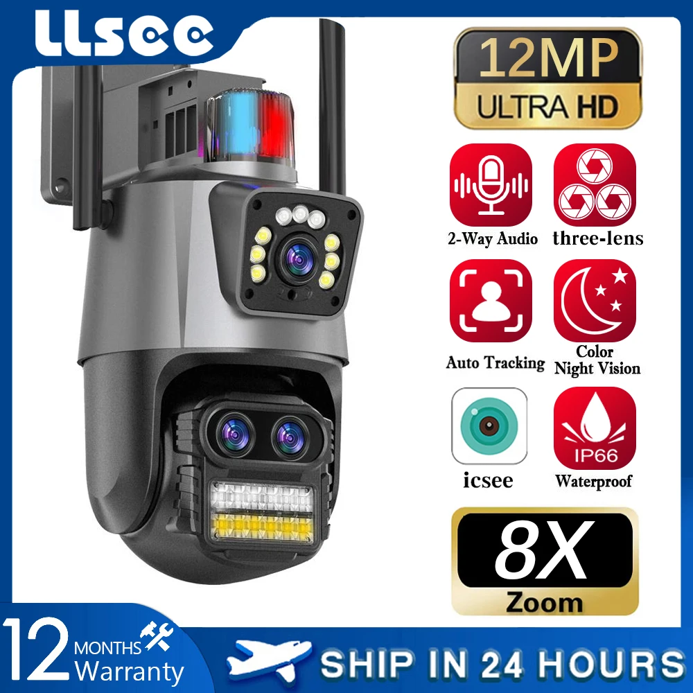 

LLSEE,ICSEE triple lens,12MP ultra high definition camera,CCTV 360 rotating infrared night vision,WIFI wireless connection