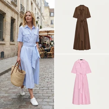 Casual Shirt Dress Women's Versatile Summer New Style Summer 2025 Chiffon High Waist A-Line Skirt Short Sleeve Loose Fit Sing... 1