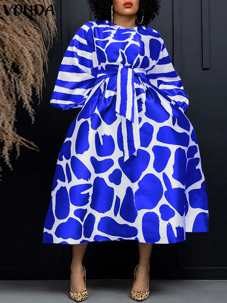 Plus Size VONDA Women Elegant Long Dress 2024 Long Sleeve Satin Silk  Printed Wedding Sundress Belted Casual Loose Party Vestidos | Bodega  Aurrera en lnea