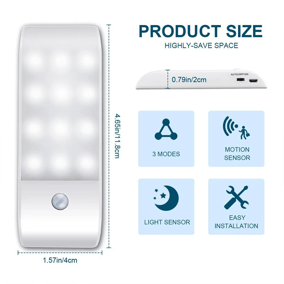 언더 캐비닛 조명 주방 조명, IR 모션 센서, 12LED smd5730 야간 조명, USB 충전식 계단 조명, 옷장 램프