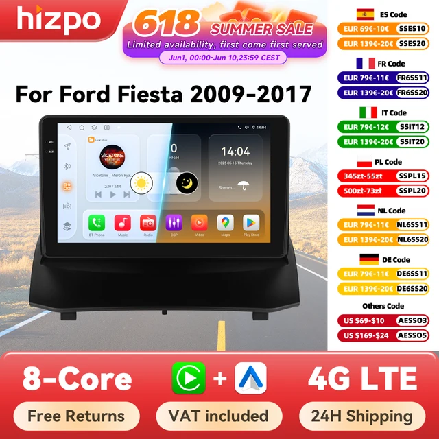 Hizpo systèmes de voiture intelligents Radio pour Ford Fiesta MK7 2009-2017 voiture multimédia GPS 2din Autoradio sans fil CarPlay Android Auto WIFI 1
