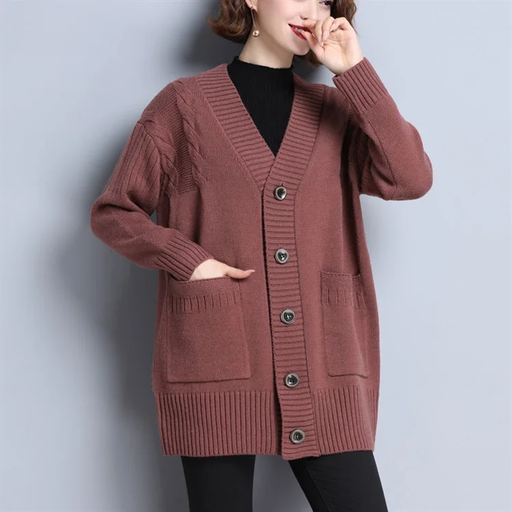 

Autumn Loose Cardigans Casual Vintage Women Knitted Sweaters Fashion Korean Long Sleeve Knitwear Female Solid V-neck Casual