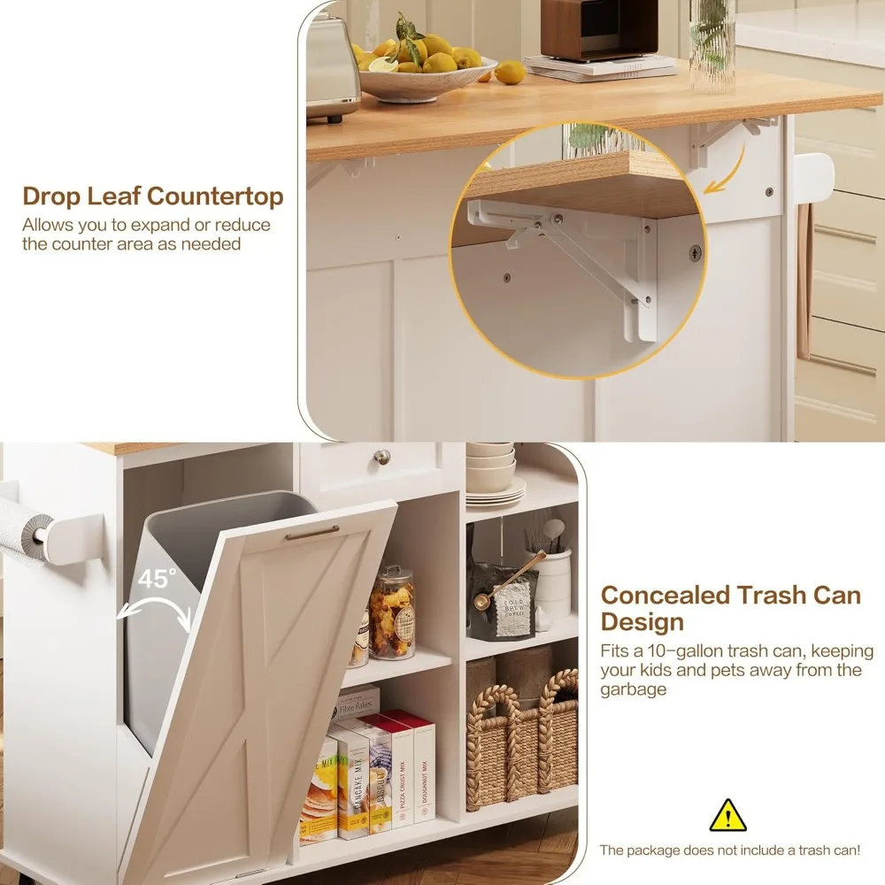 Rolling Kitchen Island with Trash Can Storage, 47.2” Kitchen Island Cart with Drop Leaf Countertop, Island Table with Drawer 3