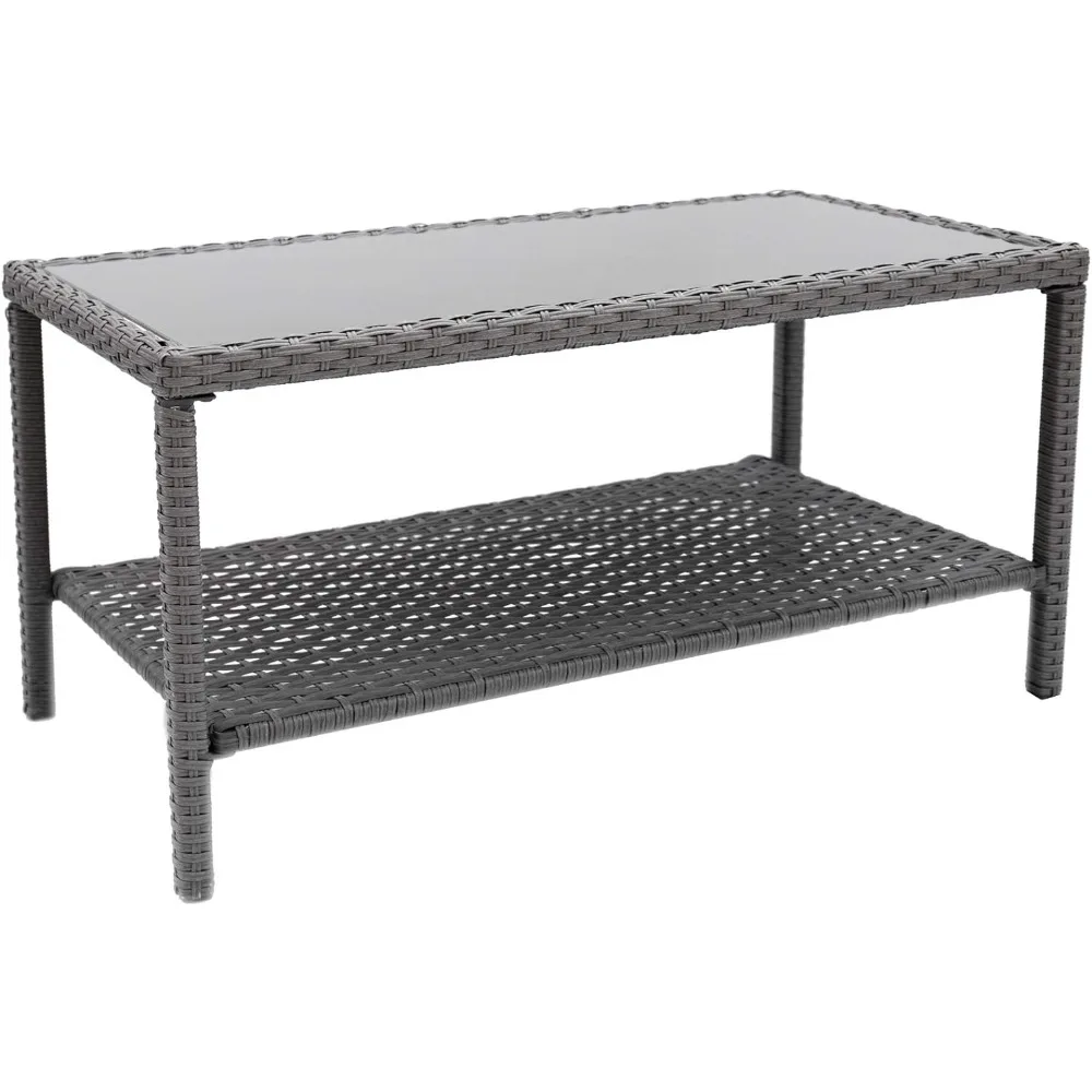 

Gray All Weather Wicker With Glass Top Table Small Outdoor Coffee Side End Table for Outside Patio Storage Rectangle Picnic Desk