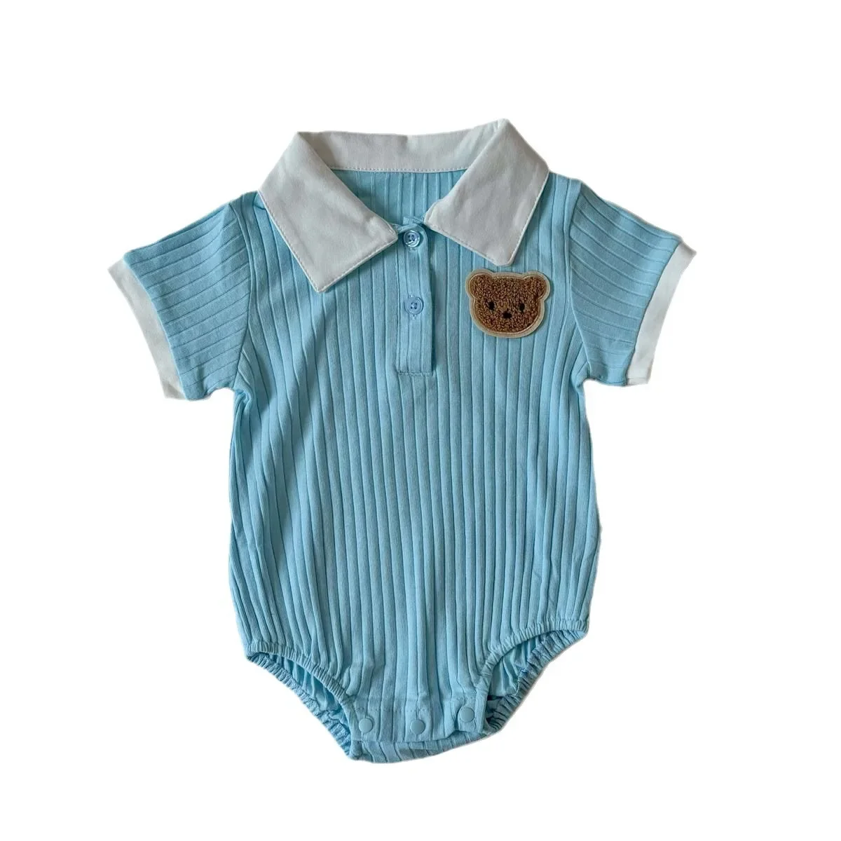 Baby Summer Thin Bear Bodysuit Boys Korean Style Collar Pit Stripe Cotton Romper Crawling Suit Children New Model Cotton Materia