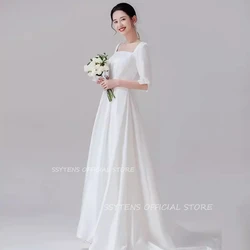 Simple White Square Neck A Line Korea Wedding Dresses for Women Half Sleeves Bridal Gowns Custom Photos Shoot A Line Bride Dress