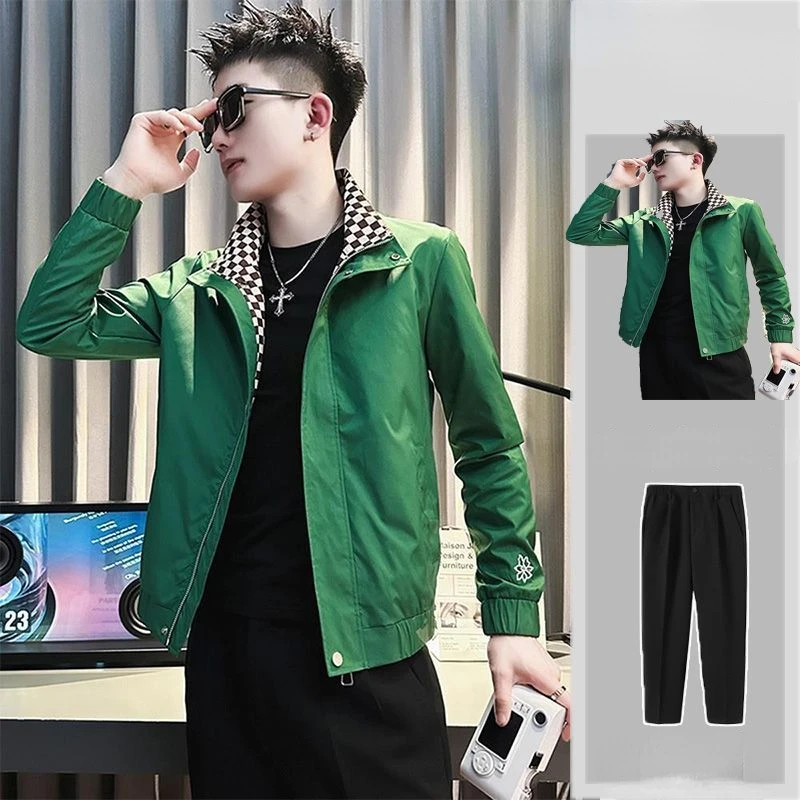 

Men's Two Pieces Set Fashion Korean Style Lapel Casual Jacket Straight Wide Leg Pants All-match Autumn Winter Suits F98