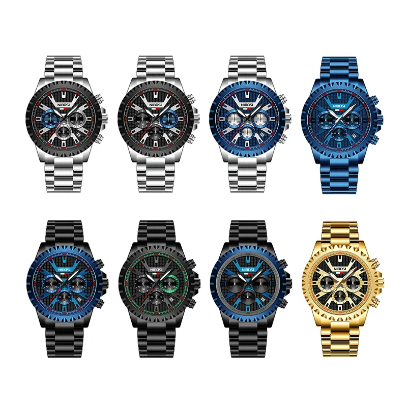 NIBOSI Mens Watches Top Brand Luxury Chronograph Quartz Watch for Men Gold Stainless Steel Strap Waterproof Luminous Wristwatch