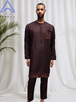 African Boubou Arab Islamic Kandura Muslim Dress Suits Containing 40% Cotton Prayer Eid Dubai Moroccan Men's Abaya Luxury Outfit