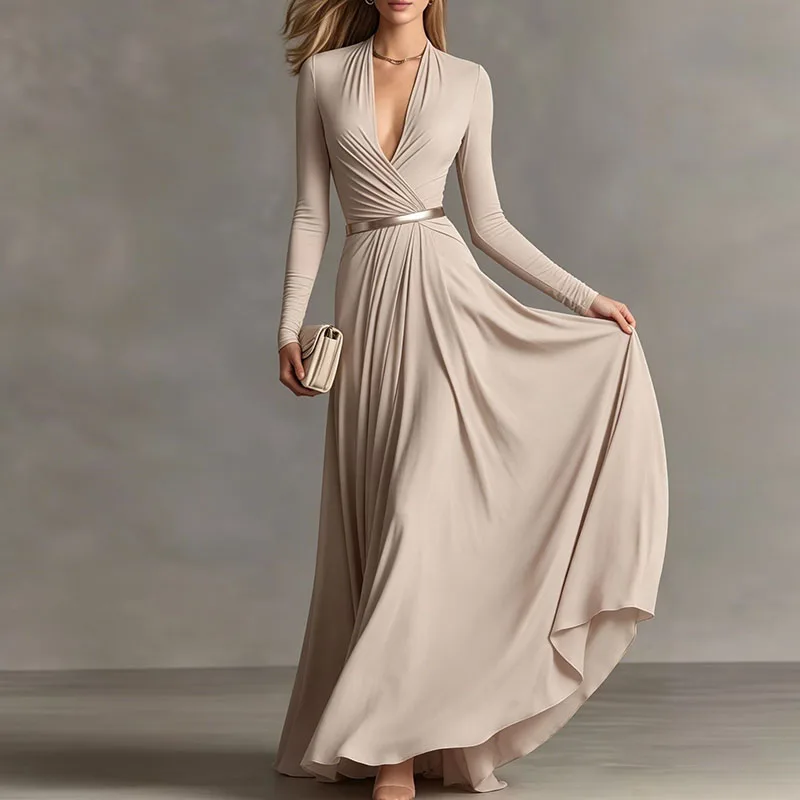 Elegant Sexy Deep V Neck Slim Maxi Dress Women Long Sleeve Ruched Waist Formal Gown Spring Casual Solid Sashes Boho Long Dresses