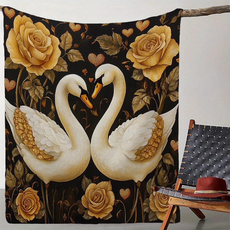 Rose Golden Swan Print Blanket Soft Throw Blanket for Home Bedroom Bed Sofa Travel Office Solid Cover Blanket Valentine's Day