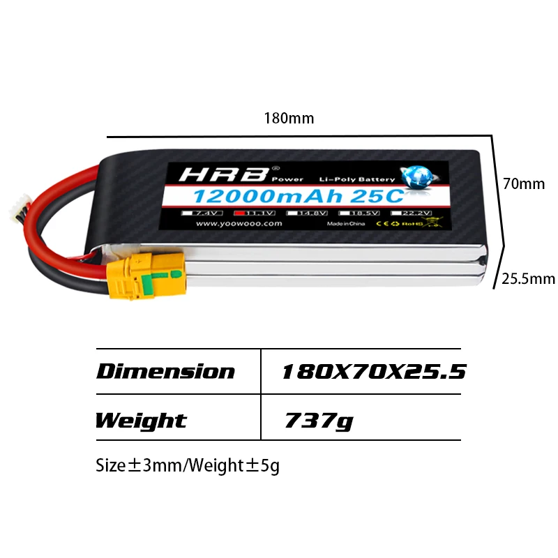 HRB Lipo 3S Battery, 8ozoxz5-5 Weight:737g Size f3mmWWe