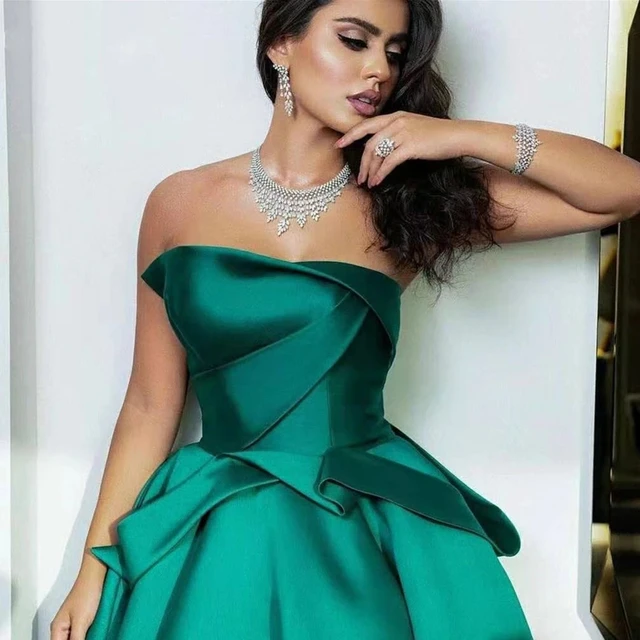 Emerald Green Satin Evening Dresses Strapless Pleated Arabic Women Formal  Prom Gowns Night Party Wedding Guest Robe De Soiree - AliExpress