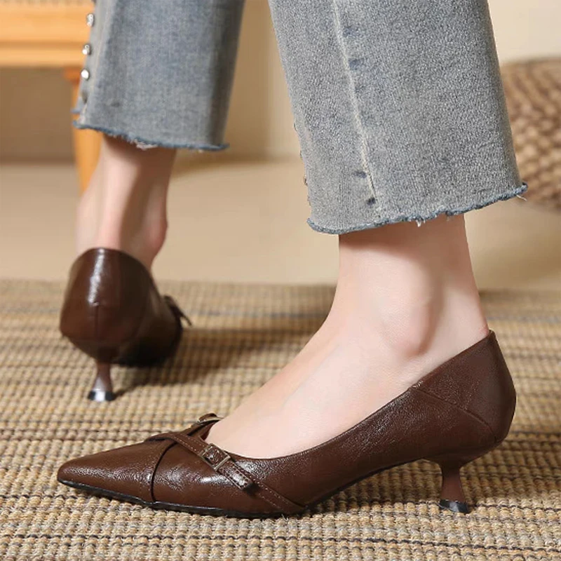 Aphixta Angola Red 4cm High Heel Pumps Sexy Belt Buckle Dec Woman Shoes Elegant Women Pumps Pointed Toe Patent Leather Shoes