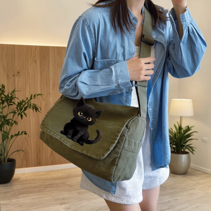 Black Cat Print Women's Crossbody Bag Multiple Pockets Fashion Canvas Shoulder Bag Female Laptop Bag Commuting